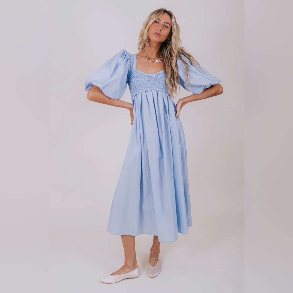 Women’s Dress - Sophie the label By LALA Light Blue Puff Sleeve Midi Ribbed Top